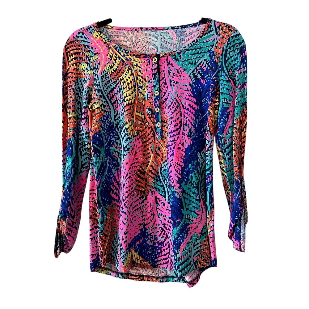 Lilly Pulitzer Etta Henley Top Pima Cotton Tropical Fern Print XS Multi-Color